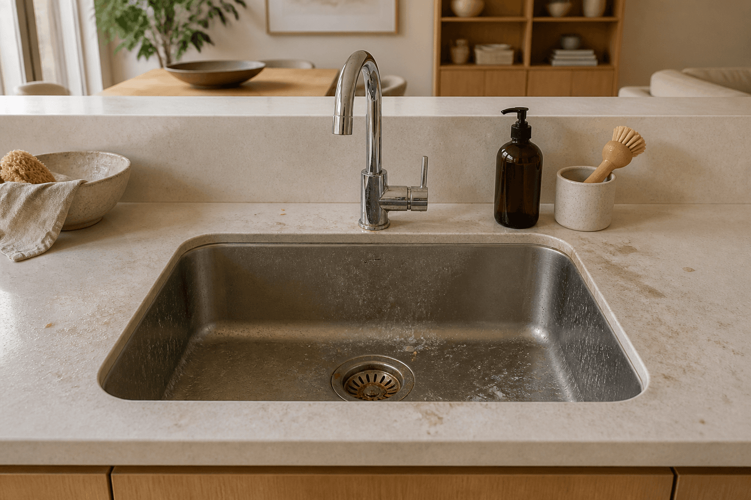 Illustrative kitchen sink before cleaning.