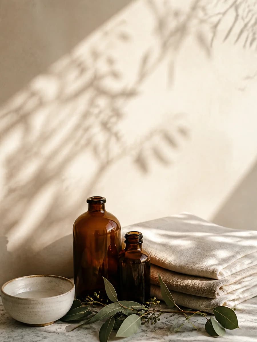 Amber bottles, linen and native foliage in soft morning light