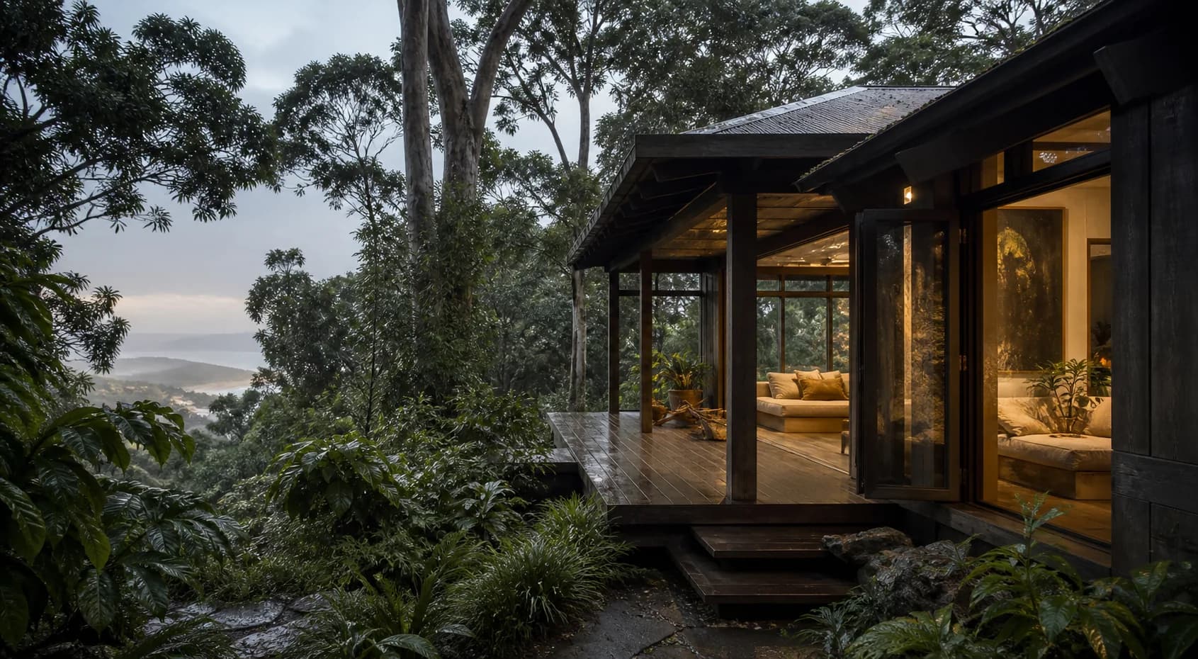 Timber home nestled into subtropical rainforest after rain.