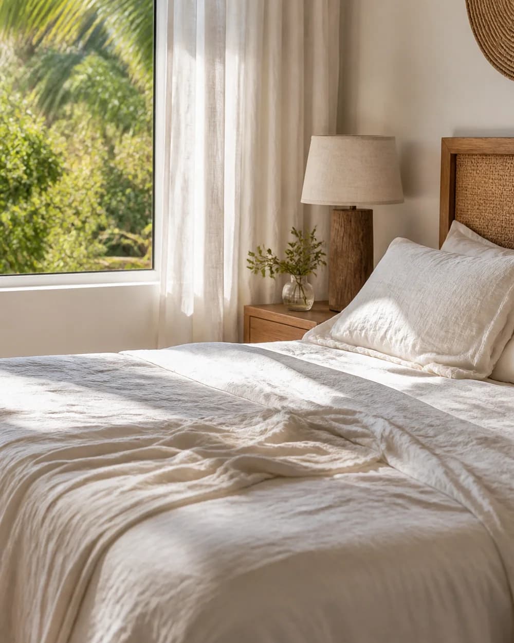 Coastal guest bedroom prepared with fresh white linen and soft natural light.