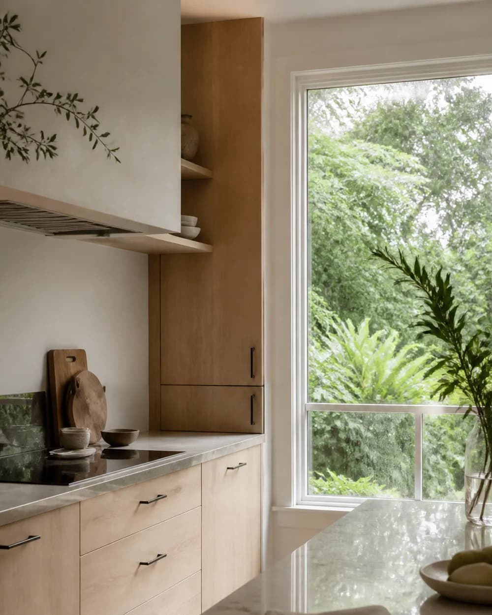 Sunlit coastal kitchen with timber cabinetry and rainforest views.