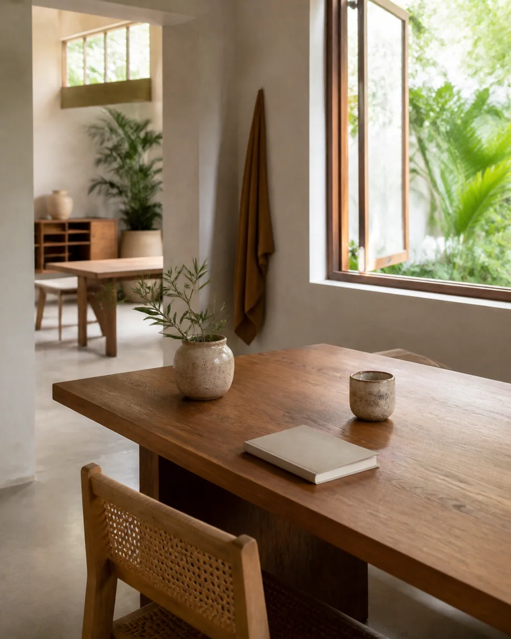 Calm timber workspace beside subtropical greenery.